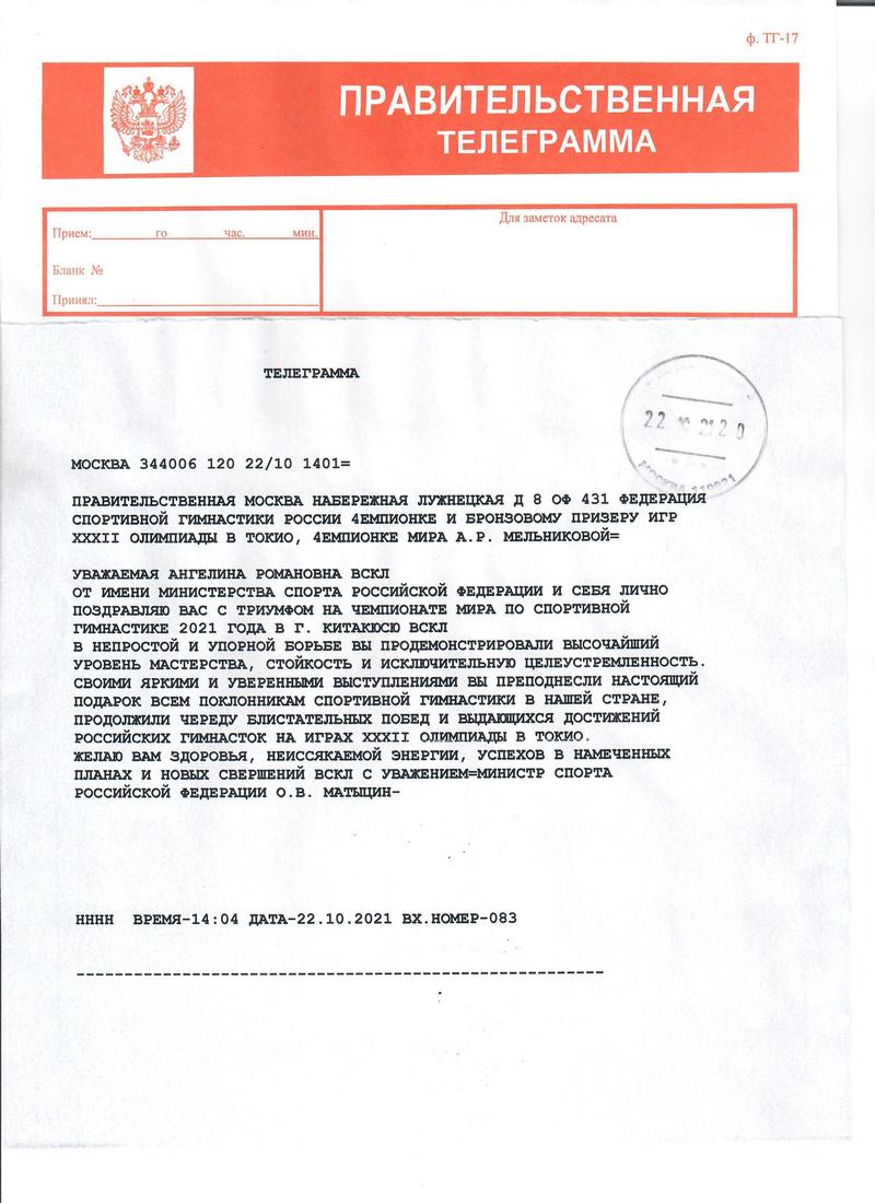 Матыцин поздравил гимнастку Мельникову с победой в личном многоборье на чемпионате мира